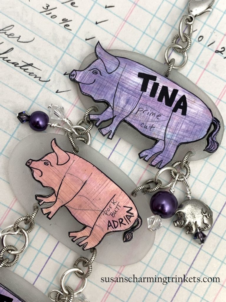 Pink and Purple Pig Bracelet with Assorted Charms