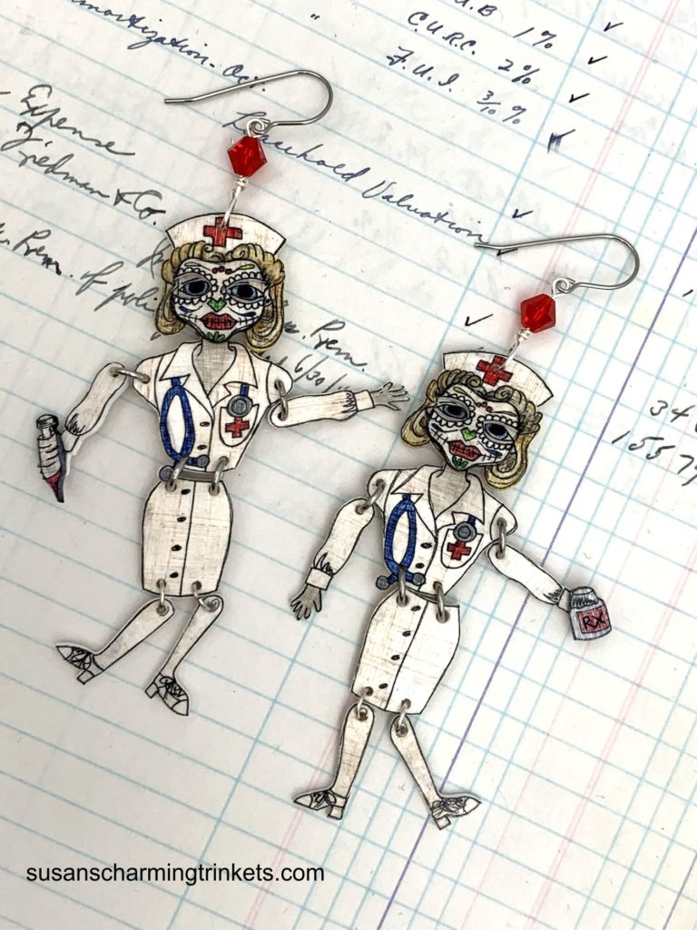 Nurse ratchet inspired earrings in quirky pose