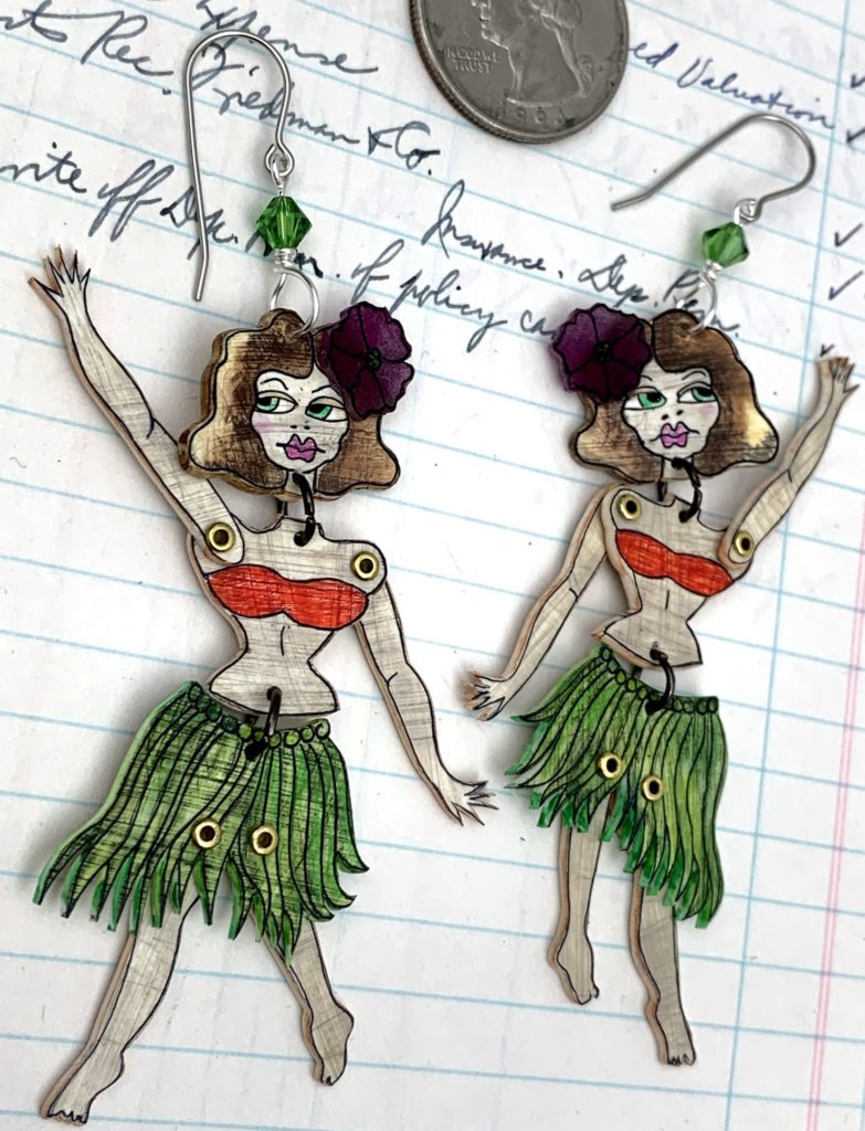 colorful hula dancing girls made into earrings